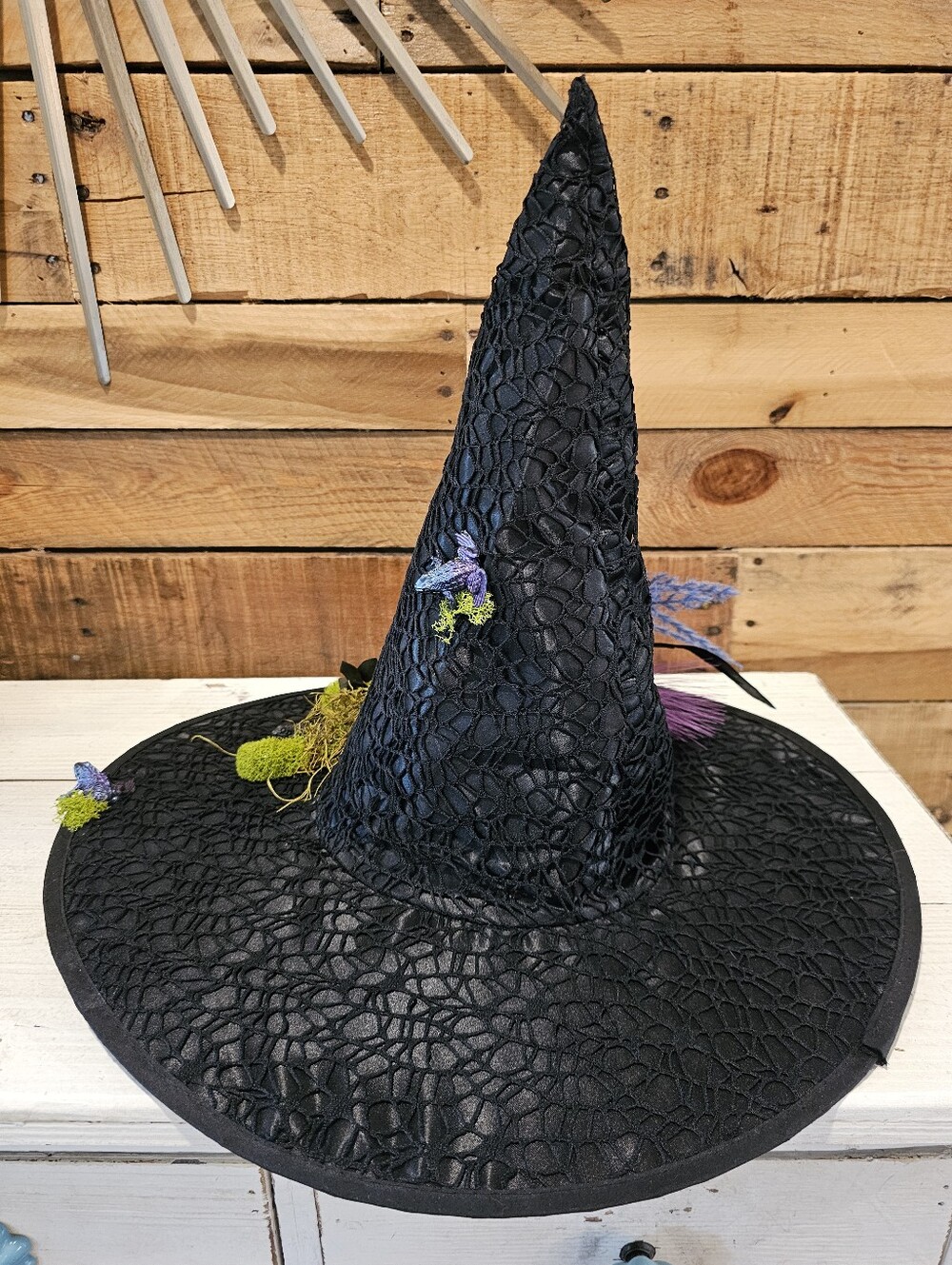 Custom Black Cobweb Lace Witch Hat w/Frogs & Moss, Black Lipstick & Arm Warmers - Picture 13 of 15